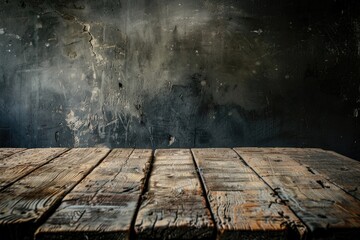 Wall Mural - Wood Table. Old Rustic Wooden Table with Blurred Concrete Block Wall in Dark Room Background