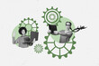 © deagreez - Composite photo collage of two business girls hold book laptop device distance coworking gears partnership isolated on painted background