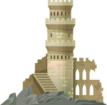 Cartoon castle, kingdom palace. Isolated vector ancient medieval or fairytale, partially ruined tower structure features a spiral staircase, arched windows,and weathered stone walls set on rocky base