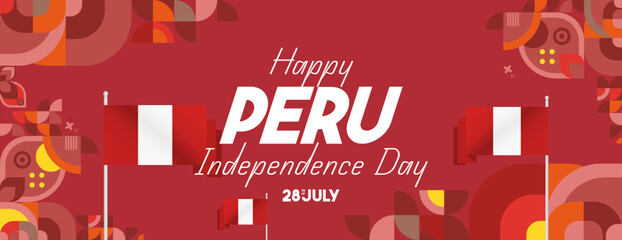 Peru Independence Day banner in modern geometric style. Wide banner with typography and also country flag. Background for National holiday celebration party. Happy Independence Day of Peru