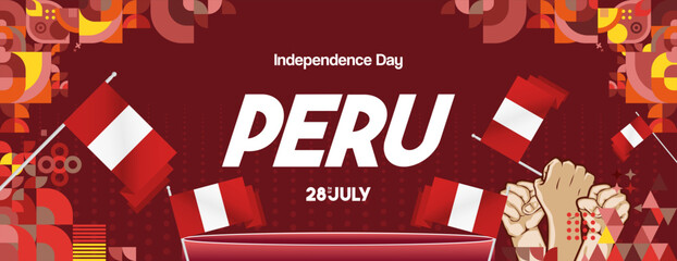 Peru Independence Day banner in modern geometric style. Wide banner with typography and also country flag. Background for National holiday celebration party. Happy Independence Day of Peru