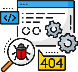 Poster - Tester vacancy, IT specialist career, web development job outline color icon. Website software development, application tester linear vector sign or icon with browser page, bug and magnifying glass