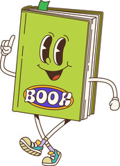 Poster - Cartoon retro groovy book or textbook character. Isolated vector lively green book personage with big expressive eyes and a cheerful friendly smile, walking and showing pointing gesture with finger up