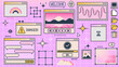 © Vector Tradition - Retro y2k computer window page interface. Vector pc desktop with folders, loading bar, program error, chat app, sparks, browser and menu icons. Rave pink screen background in old 2000s aesthetic style
