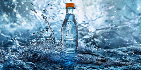 Wall Mural - A blue water bottle making a splash in a dynamic water scene, emphasizing freshness and energy with a burst of droplets.