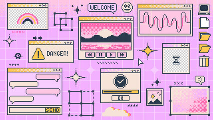 Fototapete - Retro y2k computer window page interface. Vector pc desktop with folders, loading bar, program error, chat app, sparks, browser and menu icons. Rave pink screen background in old 2000s aesthetic style