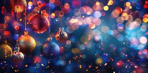 Festive Christmas Tree Banner Decorations on Blue Bokeh Background