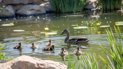 Wall Mural - A family of ducks swimming in a pond equipped with a solarpowered aerator maintaining a healthy environment for the parks wildlife.