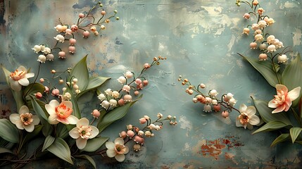 A vintage floral wall background with detailed patterns, showcasing lilies of the valley and primroses in pastel greens and pinks, classic and refined design, aged and textured look, hd quality