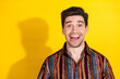 © deagreez - Photo of nice young man open mouth empty space wear shirt isolated on yellow color background