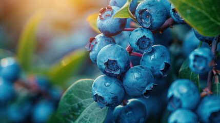 Wall Mural - A candid high quality photograph of ripe blueberries hanging on a bush branch.