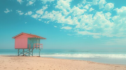 Sticker - Pastel Beach House Under A Blue Sky