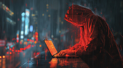 Wall Mural - A man in a red hoodie is typing on a laptop in the rain. Concept of isolation and loneliness, as the man is alone in the rain with his laptop