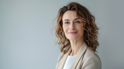 Wall Mural - Professional businesswoman with a confident smile, standing against a white background with natural light.