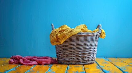 Wall Mural - Laundry Basket with Yellow and Pink Clothes on a Colorful Wooden Floor