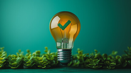 Wall Mural - A light bulb is lit up and surrounded by green leaves