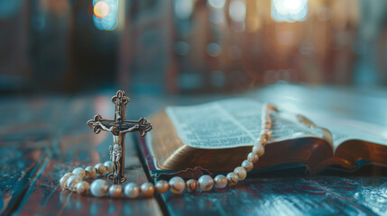 Wall Mural - Open Bible with Cross and Prayer Beads