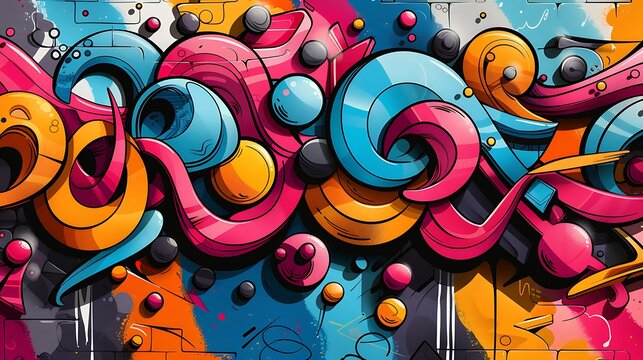 An urban graffiti wall background featuring a mix of street art elements like characters, tags, and abstract shapes, bold colors and high contrast, energetic and lively design, modern