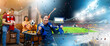 © Yingyaipumi - Group of Asian people friends sit on sofa watching and cheering football or soccer games competition on TV together at home.Happy man and woman sport fans celebrating sport team victory sports match