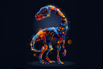 Wall Mural - close-up head shot showcases the vividly colored dinosaur skeleton art of a striking poster, presented in an abstract style against a dark background for maximum impact.