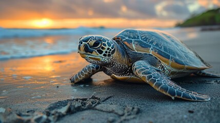 Poster - Sea Turtle at Sunset on a Sandy Beach