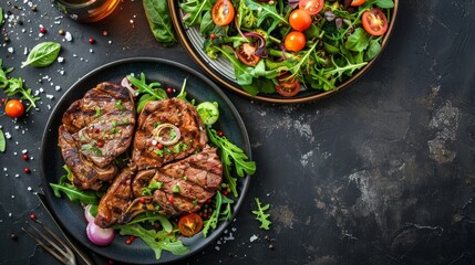 Wall Mural - Juicy meat steaks served with a refreshing salad, captured from above on a dark table