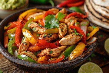 Wall Mural - A bowl of food with chicken, peppers, and onions