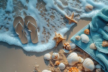 A close-up of flip-flops and a beach towel laid out on the sand, with seashells scattered around. 