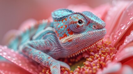 Wall Mural - Chameleon on a Pink Flower