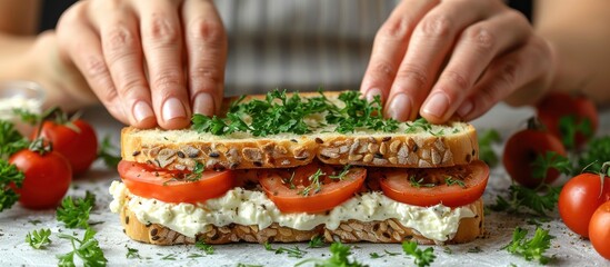 Poster - Close-up of a Fresh Tomato and Cream Cheese Sandwich