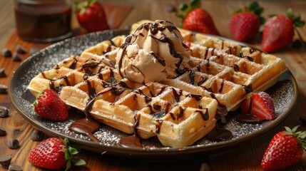 Sticker - Chocolate-Covered Waffle with Ice Cream and Strawberries