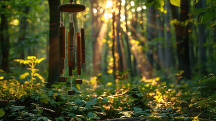 Poster - Wooden Wind Chime Hanging in a Sunlit Forest