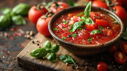 Poster - Bowl of Tomato Soup with Basil and Pepper