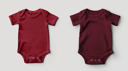 Wall Mural - Two sets of cherry red and maroon infant bodysuits are displayed from front and back views, ideal for graphic design templates