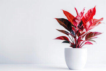 Wall Mural - Vibrant red plant in a chic white pot, isolated on a pristine white backdrop.