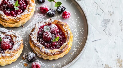 Savory pastry topped with sweet berry spread, presented on a pale table.
