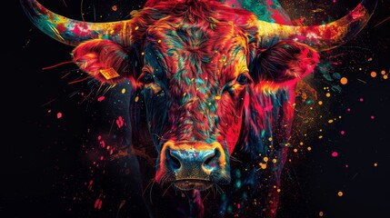 Wall Mural - Colorful Bull Portrait with Splatter Art