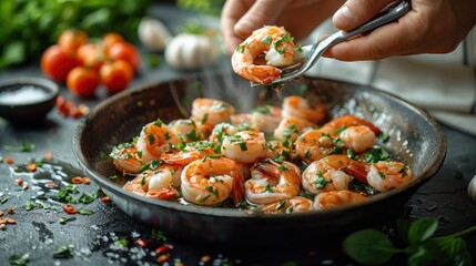 Close-Up of Freshly Cooked Shrimp in a Pan with Steam Rising