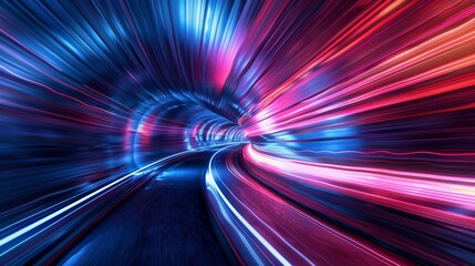 A 3D rendering of a blue curved tunnel with a puddle reflecting a puddle on a wet dark surface. Concept for a fast business technology background, displaying car advertising.