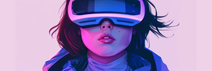 Wall Mural - Future woman wearing VR glasses on a light background, wearing a blue jacket.