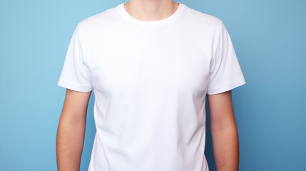 man wearing white t-shirt mockup on blue background
