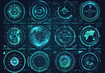 Military radar target detection system using Navy sonar for aircraft or submarines, screen interface military navigation technology, garish modern illustration.