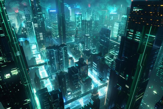 An illustration of a nighttime skyline in cyberspace. The setting is gloomy yet lit. Evening life. 5G technology network. Beyond generation and sci-fi future capital metropolis scenery.