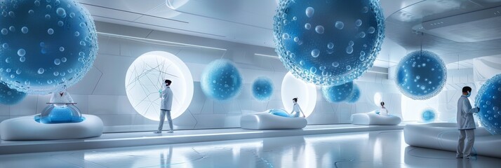 The future of science and work: blue spheres and 3D data surround scientists in a holographic lab investigating disease, cancer, and the universe.