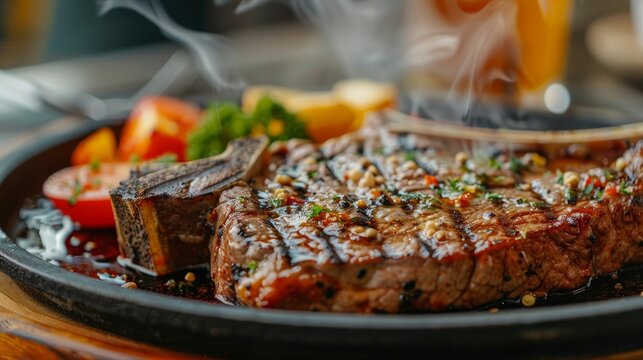 Sizzling grilled T-bone steak on a plate, ready to be enjoyed.