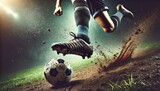 A close-up of a football player’s foot kicking the ball with force, dirt flying in the air