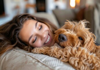 Wall Mural - A happy, relaxed, female person with a dog on sofa cuddling, hugging, and embracing the pet with love and care in the living room.