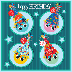 Canvas Print - Happy birthday card design with party hats and stars