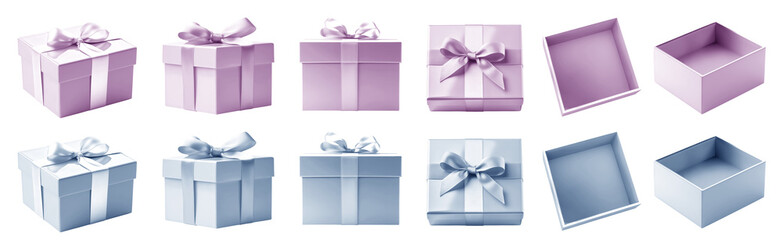 Wall Mural - 2 Set of pastel light blue purple gift present square box with bow ribbon on transparent cutout PNG file. Mockup template for artwork. open close top side flat lay view positions many different angle