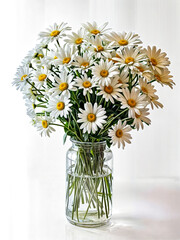 Wall Mural - Vase filled with lots of white and yellow daisies on top of table.